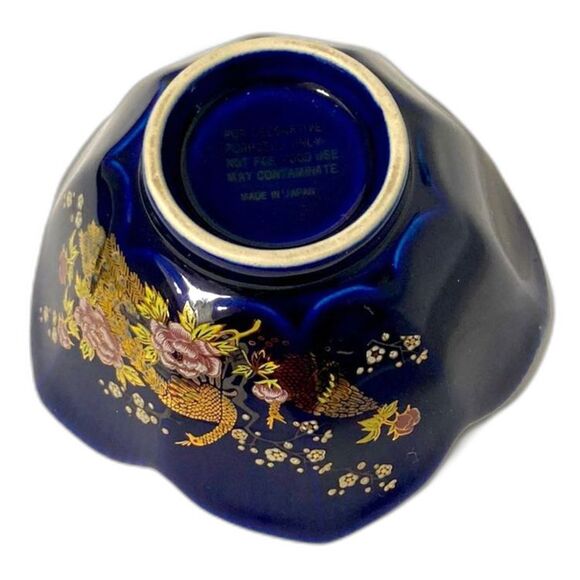 PEACOCKS Lotus Floral Cobalt Blue Gold Trim Decorative JAPANESE Bowl Vintage - Picture 9 of 12